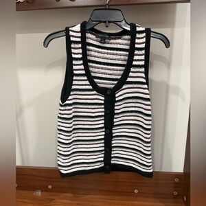 Ann Taylor Black and White Striped Crochet Button Tank